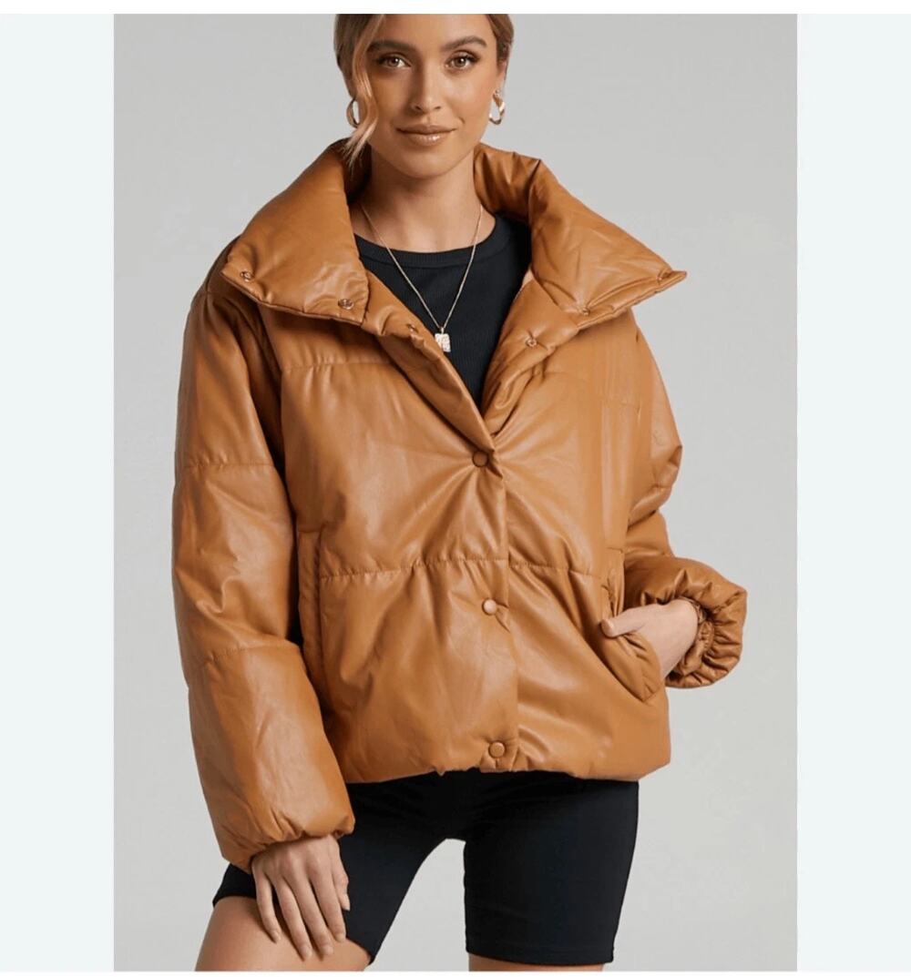 LIONESS Small Talk Puffer Jacket Tan Faux Vegan Leather Quilted Coat Sz M